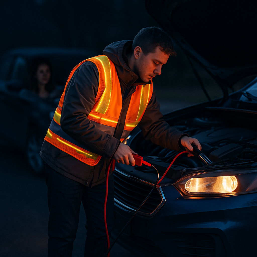 A roadside assistance worker wearing a high-visibility, LED-lit safety vest is jumpstarting a car at night. The worker is focused on connecting jumper cables to the vehicle’s battery, while a concerned driver waits inside the car in the background. The scene is set on a dimly lit road, emphasizing professionalism and safety during an emergency response.