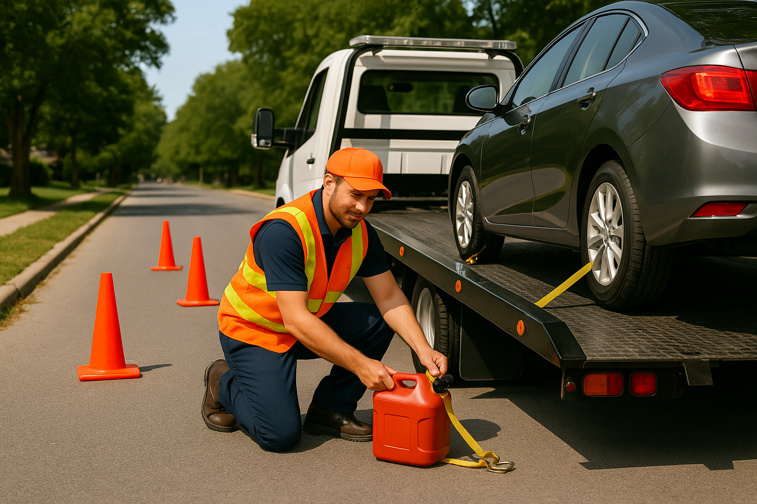 Light-duty tow truck loading a sedan on the side of a quiet suburban road in daylight.