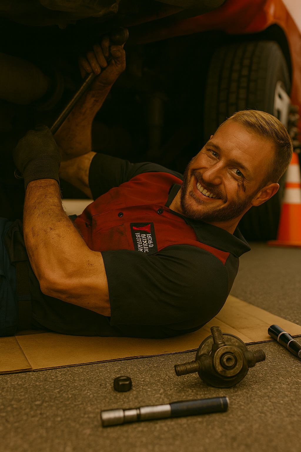 Diesel mechanic performing truck service under rig.