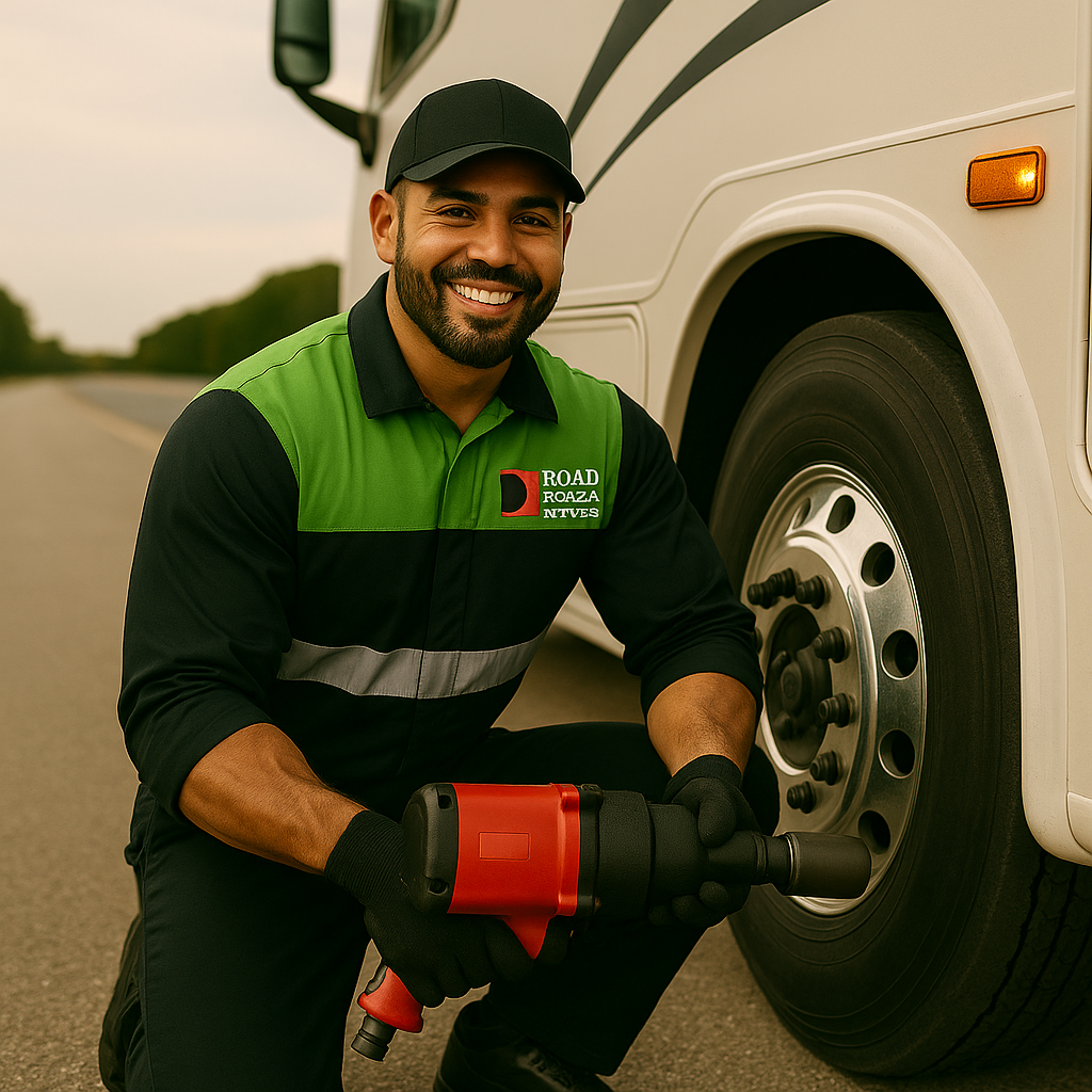 RV Tire mechanic posing in the camera.