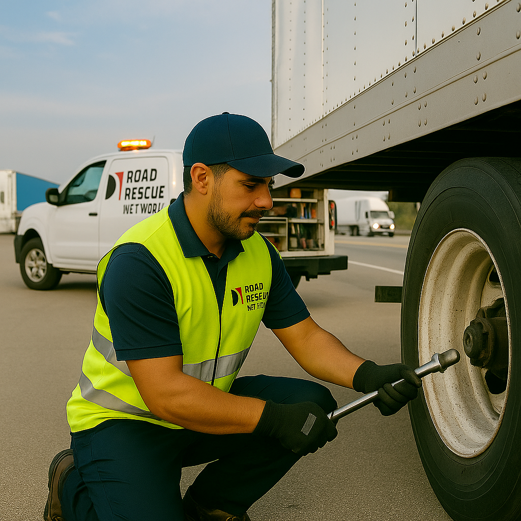 Mobile trailer repair technician working on a reefer trailer suspension at a rest stop.