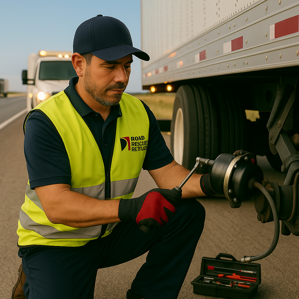 Mobile trailer repair technician replacing a brake chamber on a semi trailer roadside.