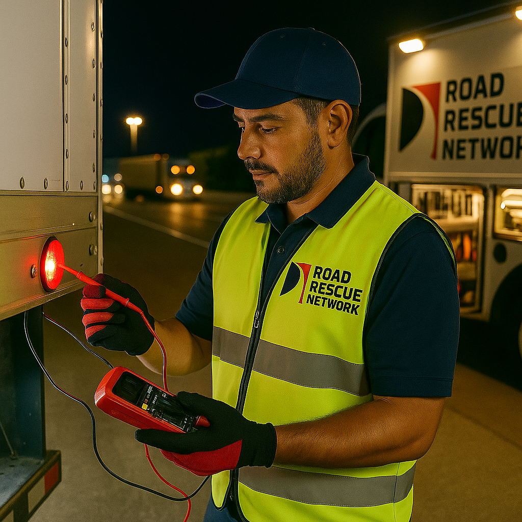 Mobile trailer repair technician diagnosing and repairing trailer lighting issues at a truck stop at night.