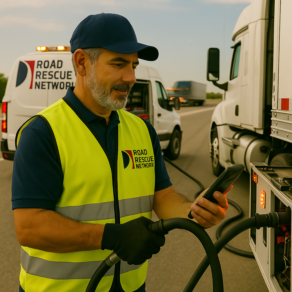 Mobile trailer repair technician providing roadside diesel fuel delivery to a semi with flatbed trailer.