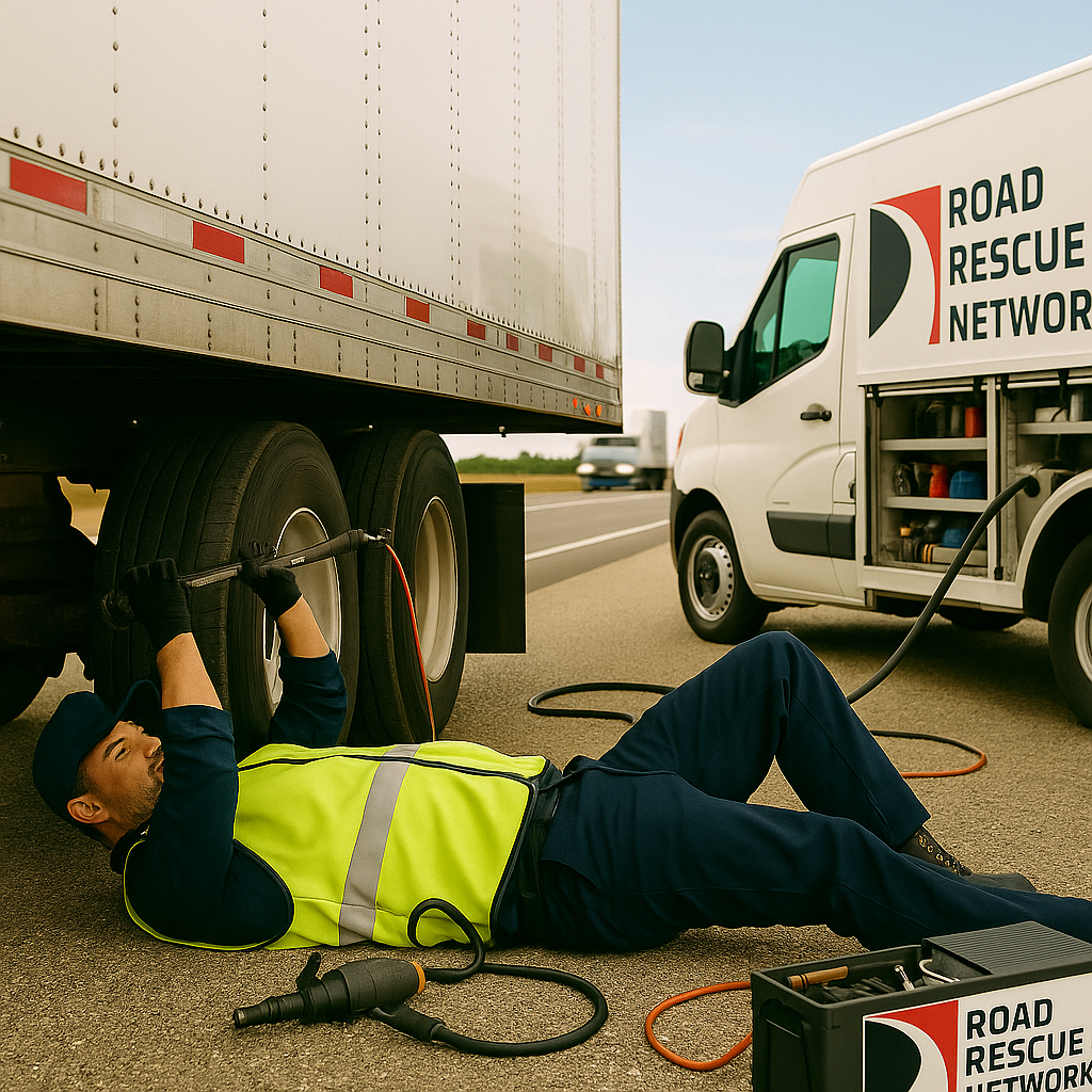 Mobile trailer repair technician performing driveline repairs on a semi trailer roadside.