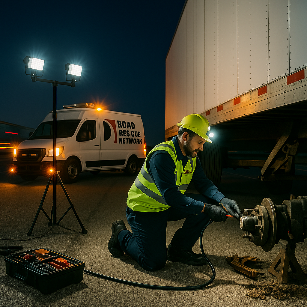 Mobile trailer repair technician replacing a damaged axle on a semi trailer roadside.