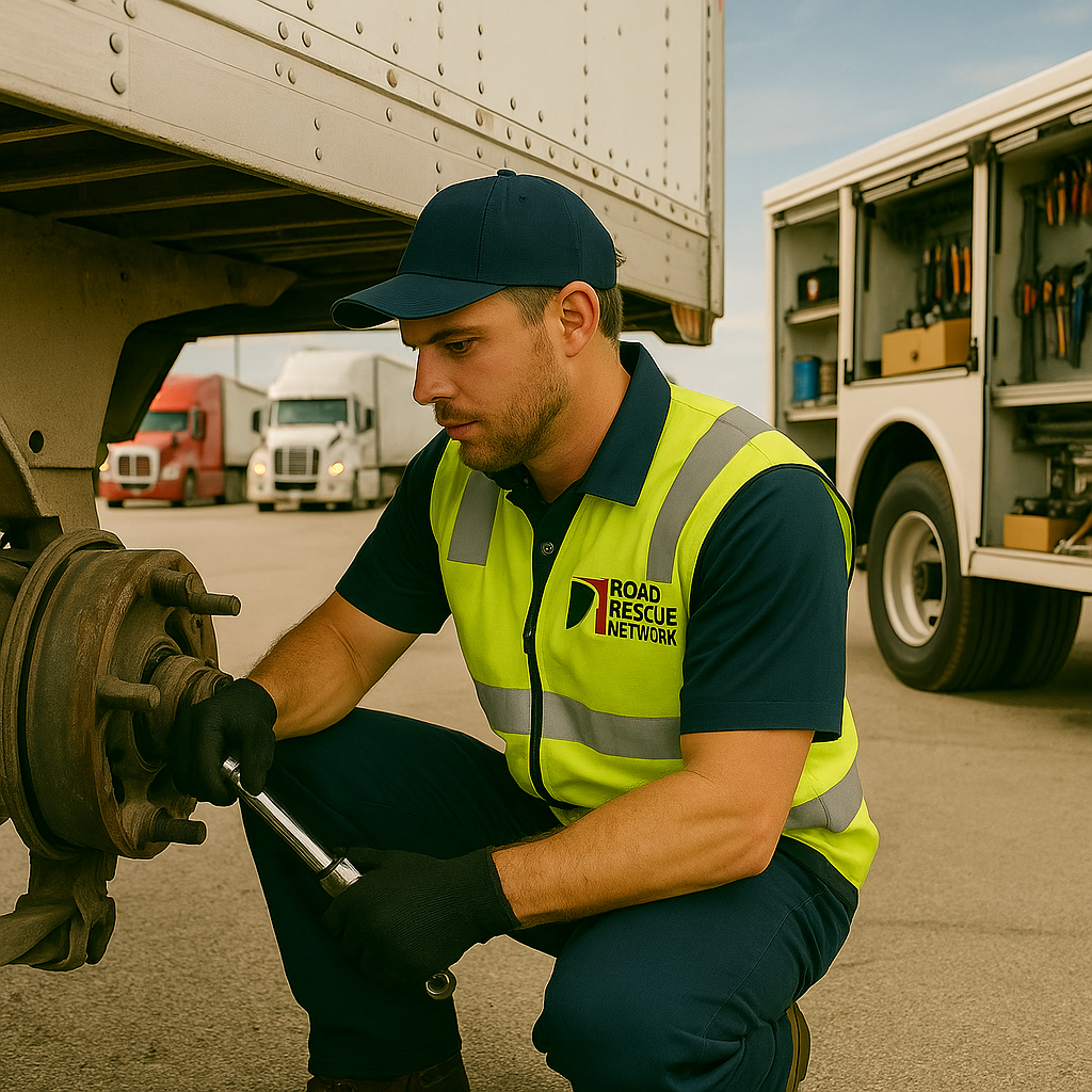 Mobile trailer repair technician fixing a trailer suspension system at a truck stop.
