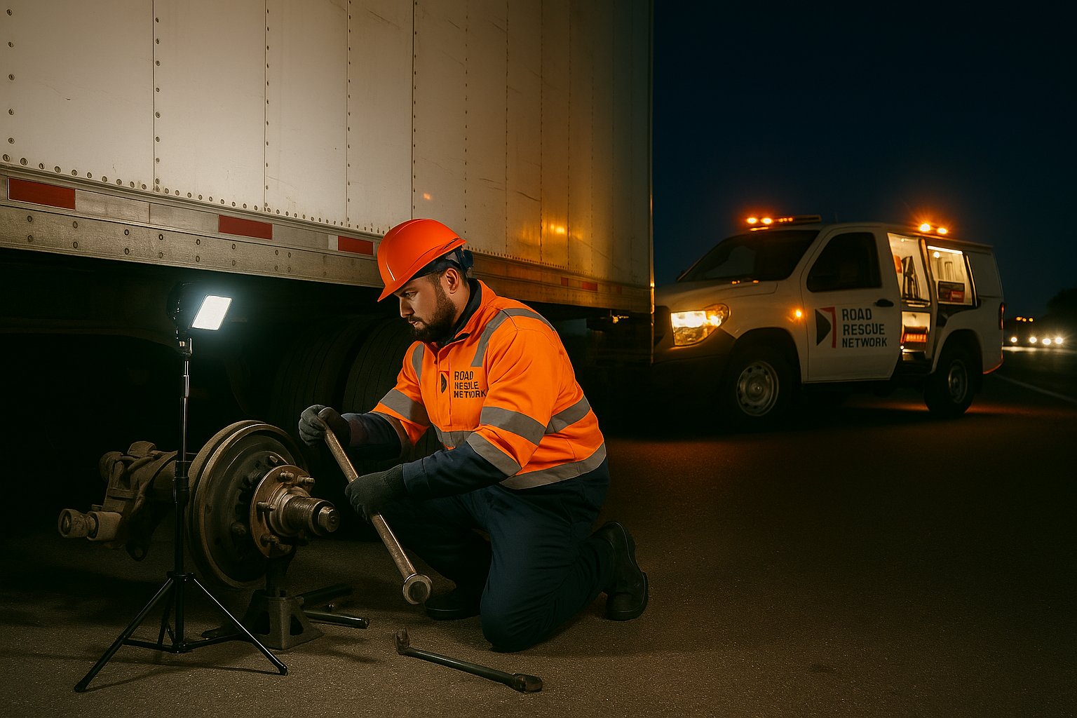 24/7 mobile trailer repair technician replacing a damaged axle on a semi trailer at night roadside.