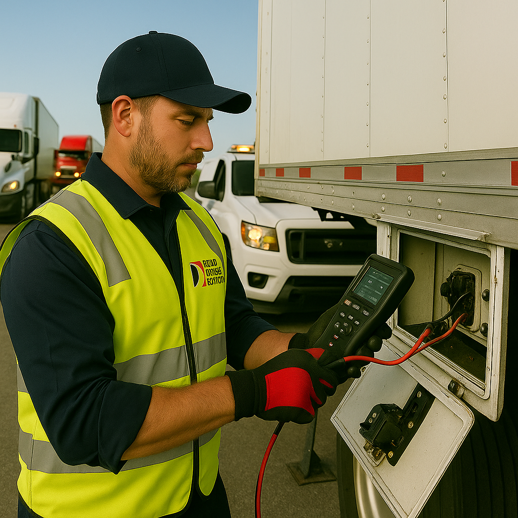 Mobile trailer repair technician using diagnostic tools to service a trailer brake system roadside.