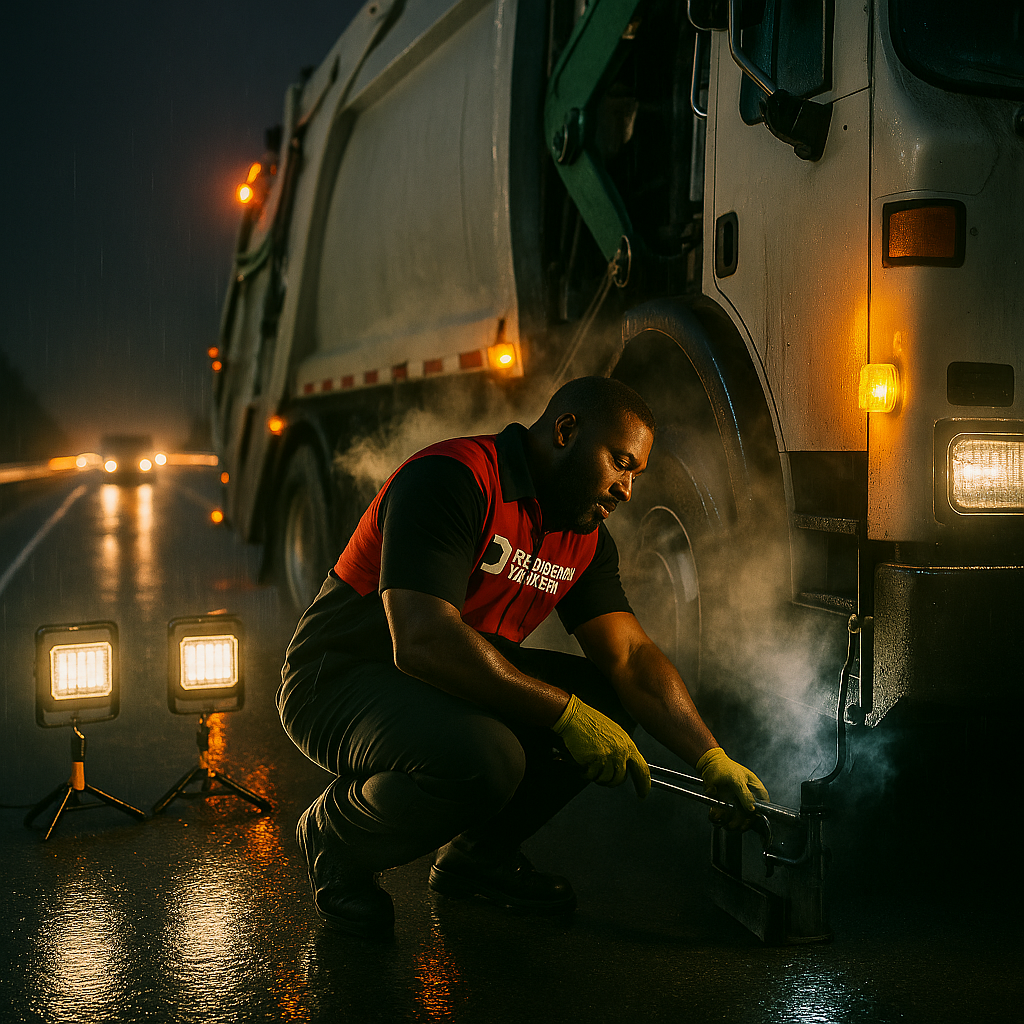 Rescuer performing mobile truck repair.